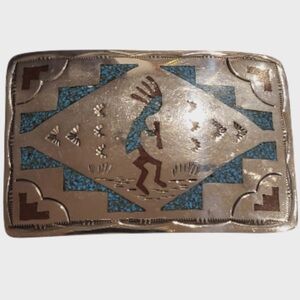 Sterling Silver with turquoise and coral Inlay Belt Buckle